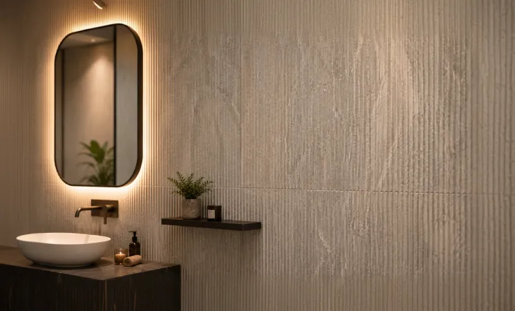 bathroom wall tiles design in fluted beige stone with a backlit mirror and vessel basin, My Home Studio Bengaluru