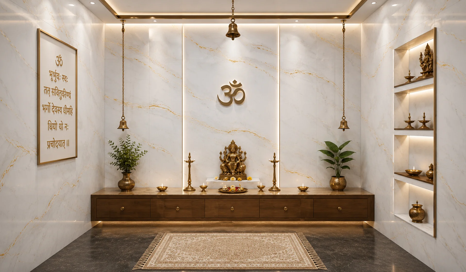 pooja room tiles design for Indian home marble and poster, My Home Studio Bengaluru
