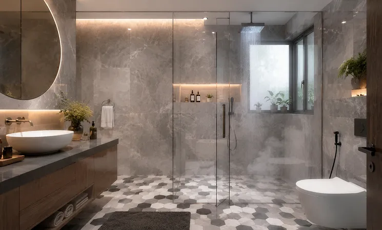bathroom with tiles design in grey marble with hexagon mosaic floor and a walk-in glass shower, My Home Studio Bengaluru