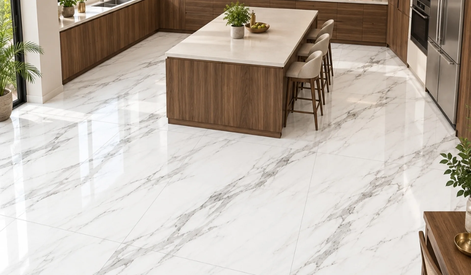 matte marble-look kitchen floor tiles with modular cabinets, My Home Studio Bengaluru