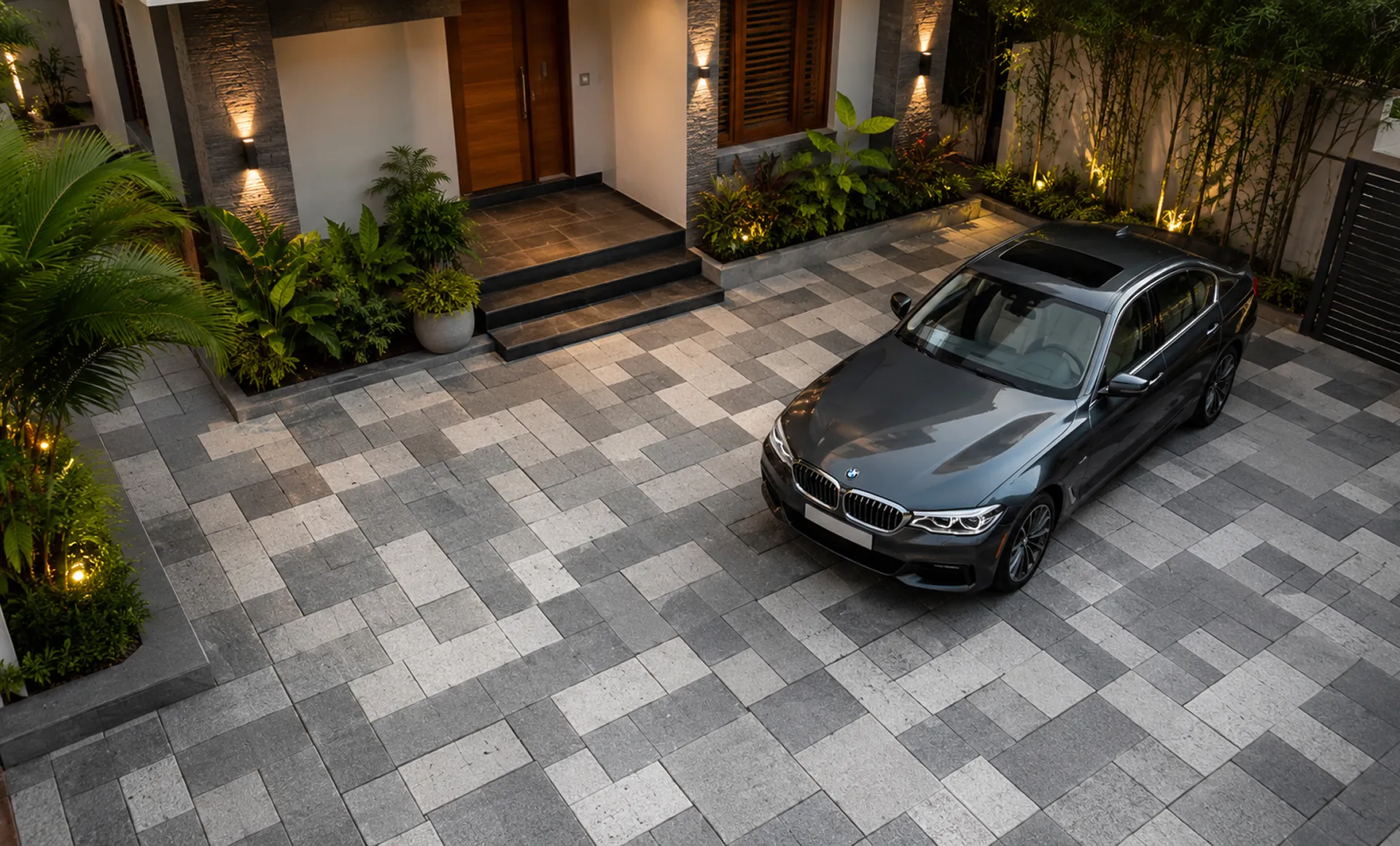 tiles design for parking in grey and light grey paver blocks across a home driveway, My Home Studio Bengaluru
