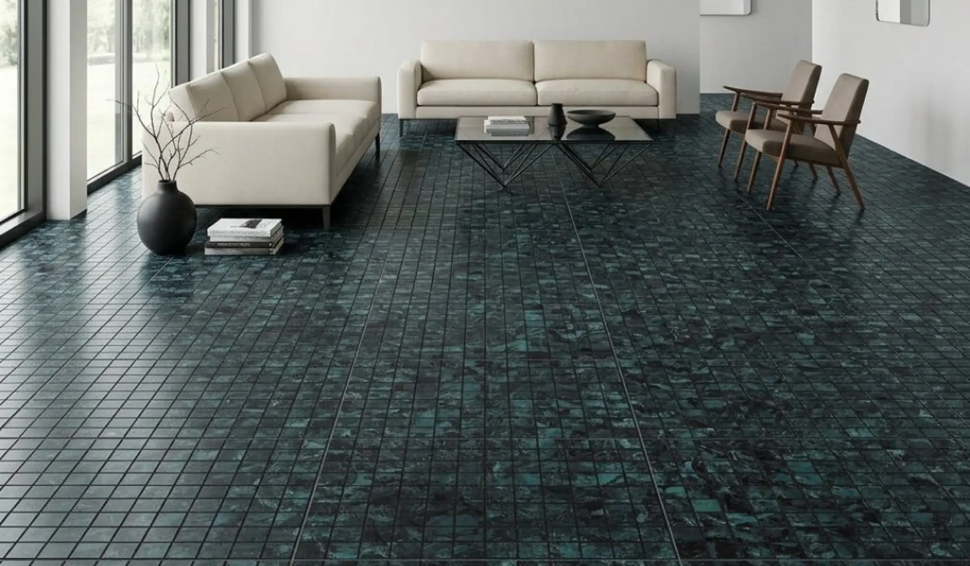 Large living room floor laid in square tiles, My Home Studio Bengaluru
