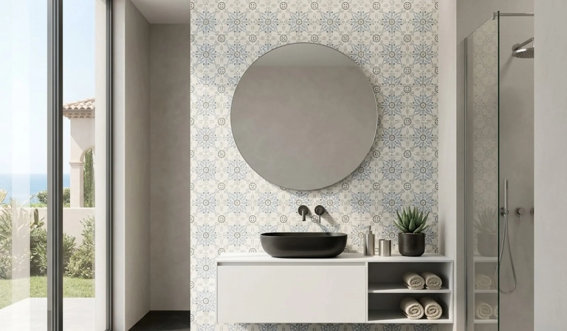 Moroccan pattern tiles on a bathroom feature wall, My Home Studio Bengaluru