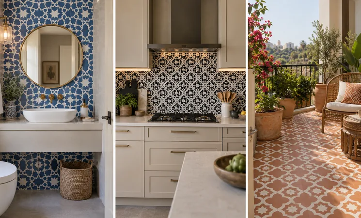 Moroccan pattern tiles on a bathroom feature wall, My Home Studio Bengaluru