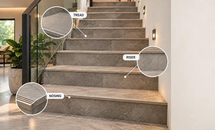 tiled staircase treads and risers in an Indian home, My Home Studio Bengaluru