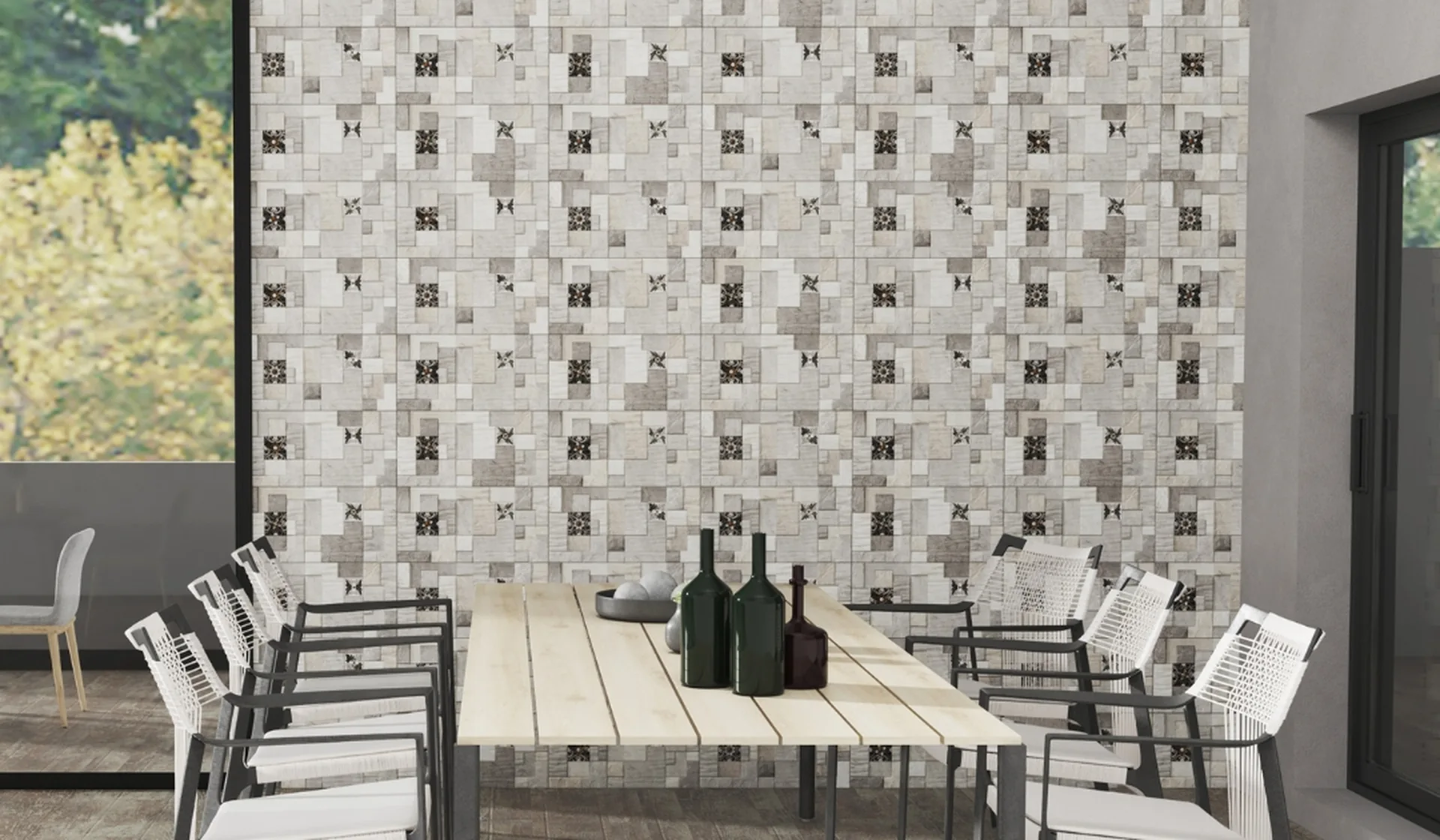 stone-look elevation tiles on a house front facade, My Home Studio Bengaluru