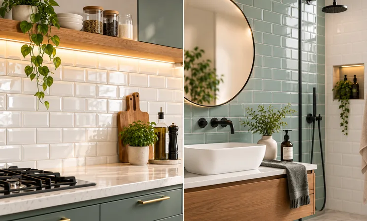 glossy white subway tile backsplash in a kitchen, My Home Studio Bengaluru