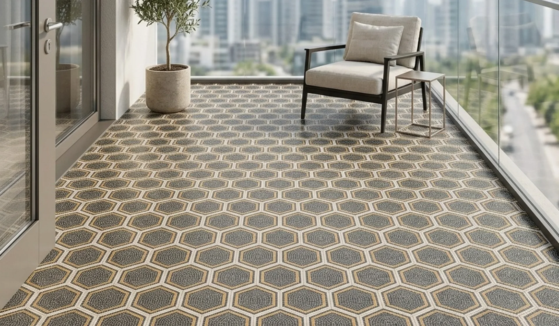 geometric pattern floor tiles on a small balcony, My Home Studio Bengaluru