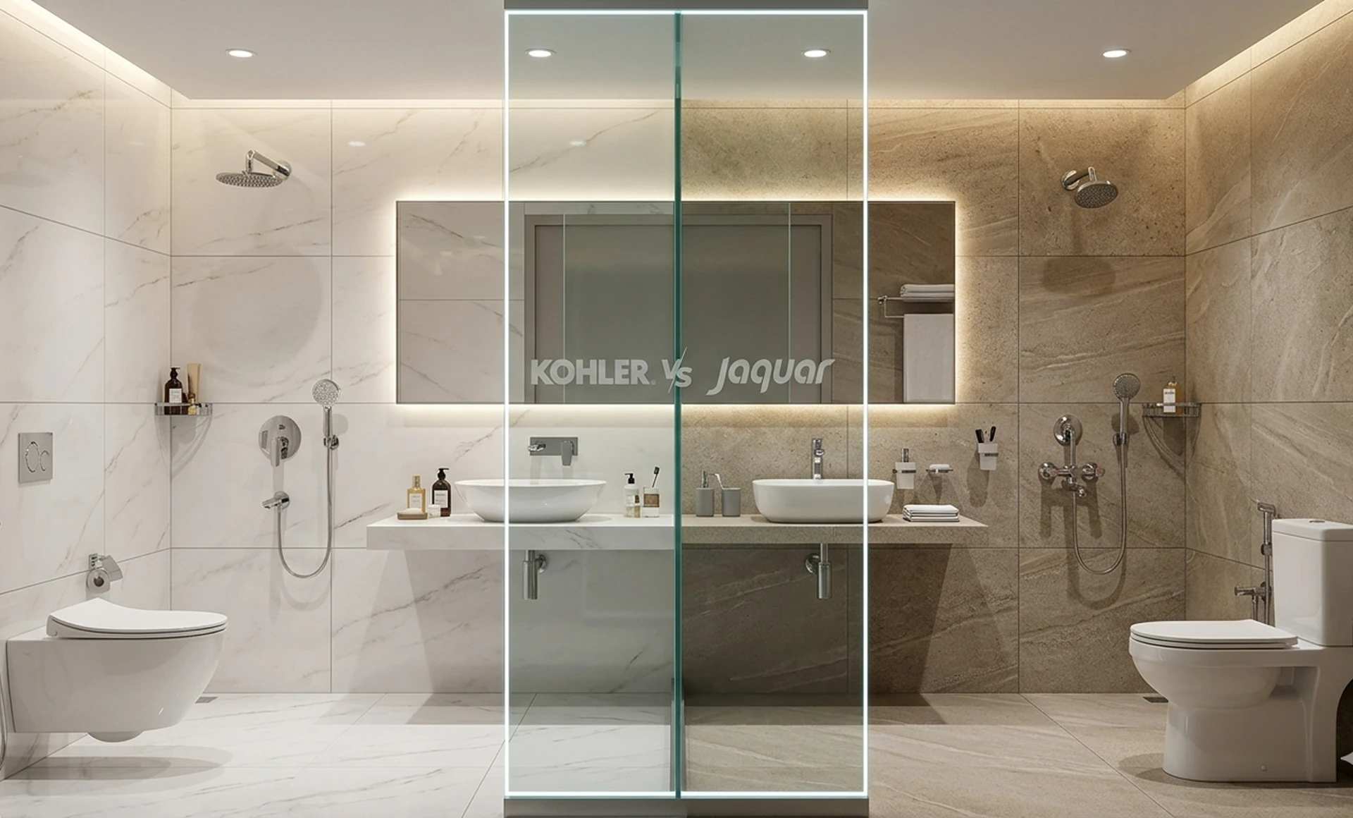 Kohler vs Jaquar bathroom fittings compared side by side in marble and stone bathrooms, My Home Studio Bengaluru