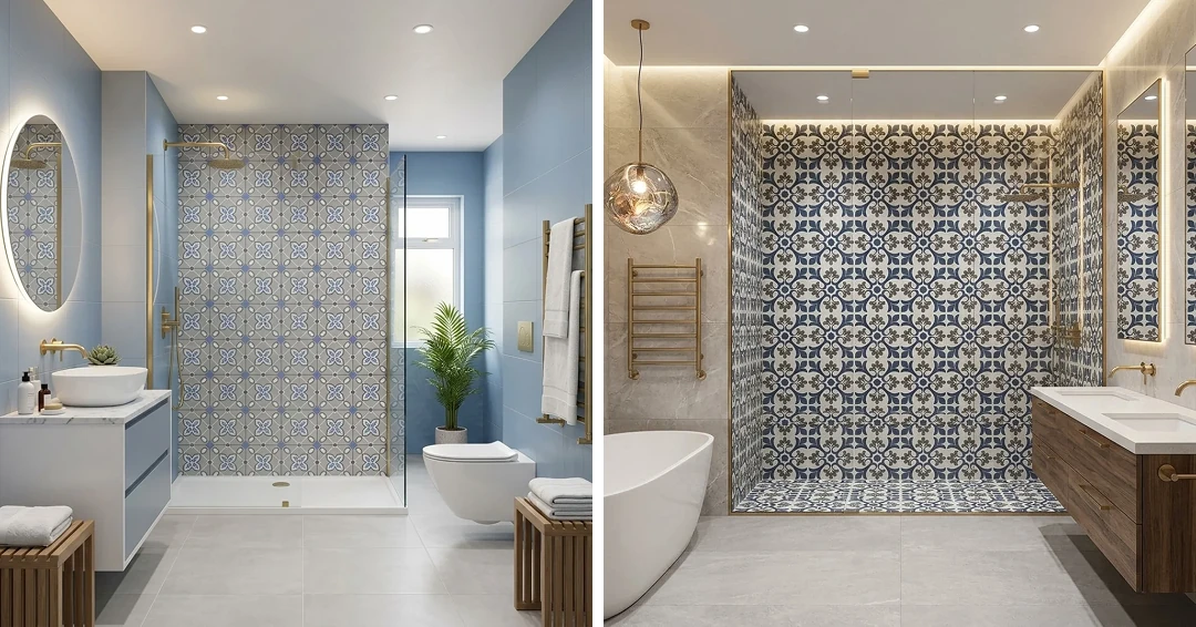 blue and white Moroccan bathroom wall tiles accent wall – My Home Studio Bengaluru