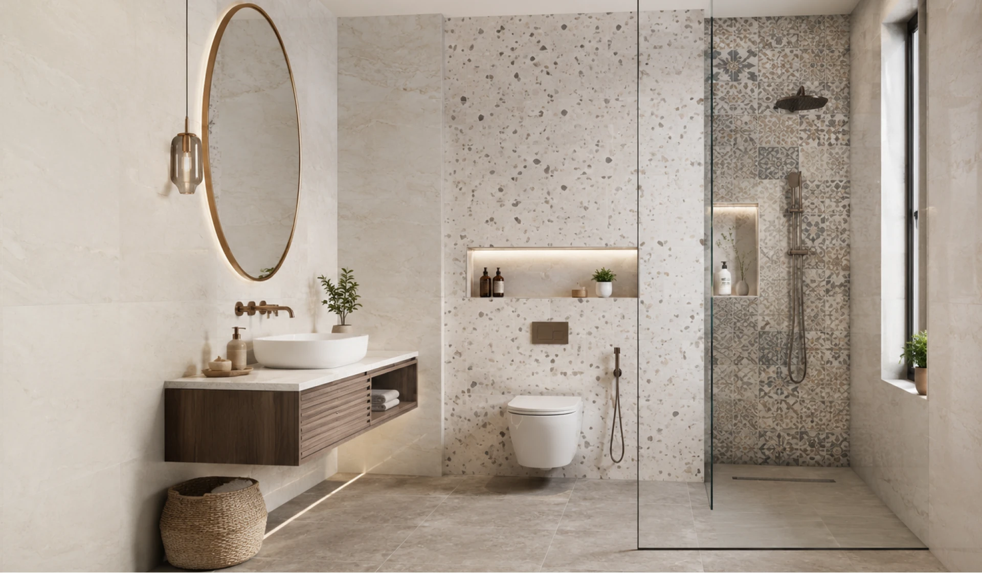 bathroom tiles ideas mixing terrazzo, patterned and stone-look tiles with a wooden vanity, My Home Studio Bengaluru