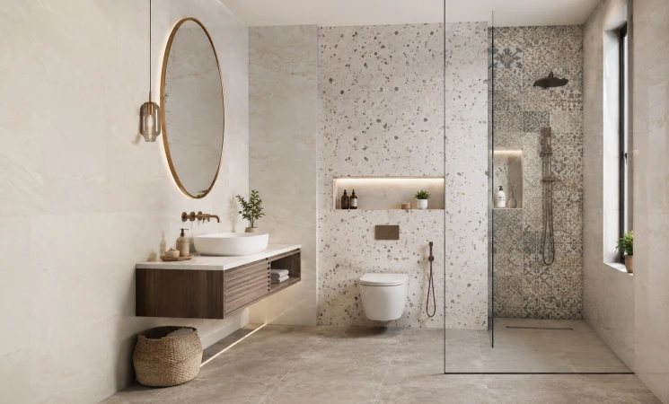 bathroom tiles ideas mixing terrazzo, patterned and stone-look tiles with a wooden vanity, My Home Studio Bengaluru