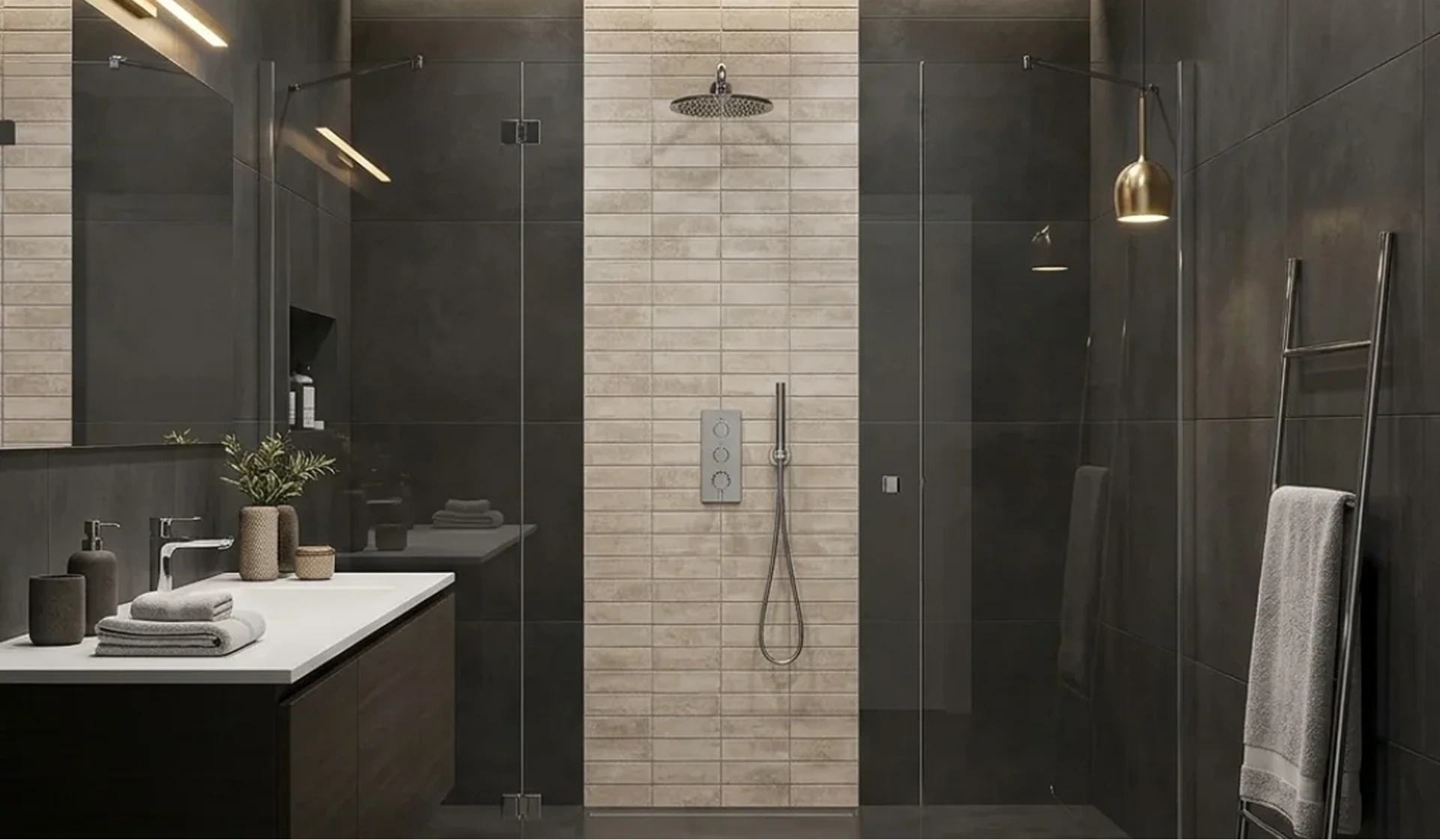bathroom tiles design in India with dark charcoal walls and a beige linear tile shower panel, My Home Studio Bengaluru