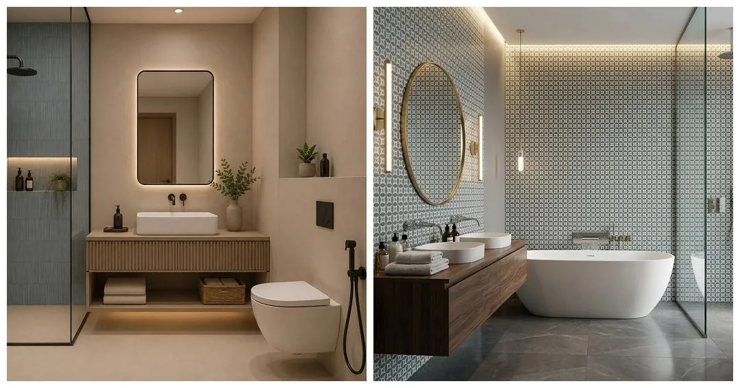 small bathroom tiles design in beige stone and blue geometric pattern with wall-hung fittings, My Home Studio Bengaluru