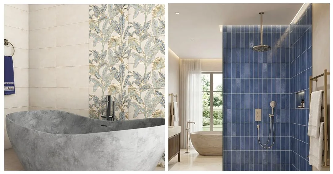 small bathroom tiles design with a tropical leaf pattern panel and deep blue stacked shower tiles, My Home Studio Bengaluru