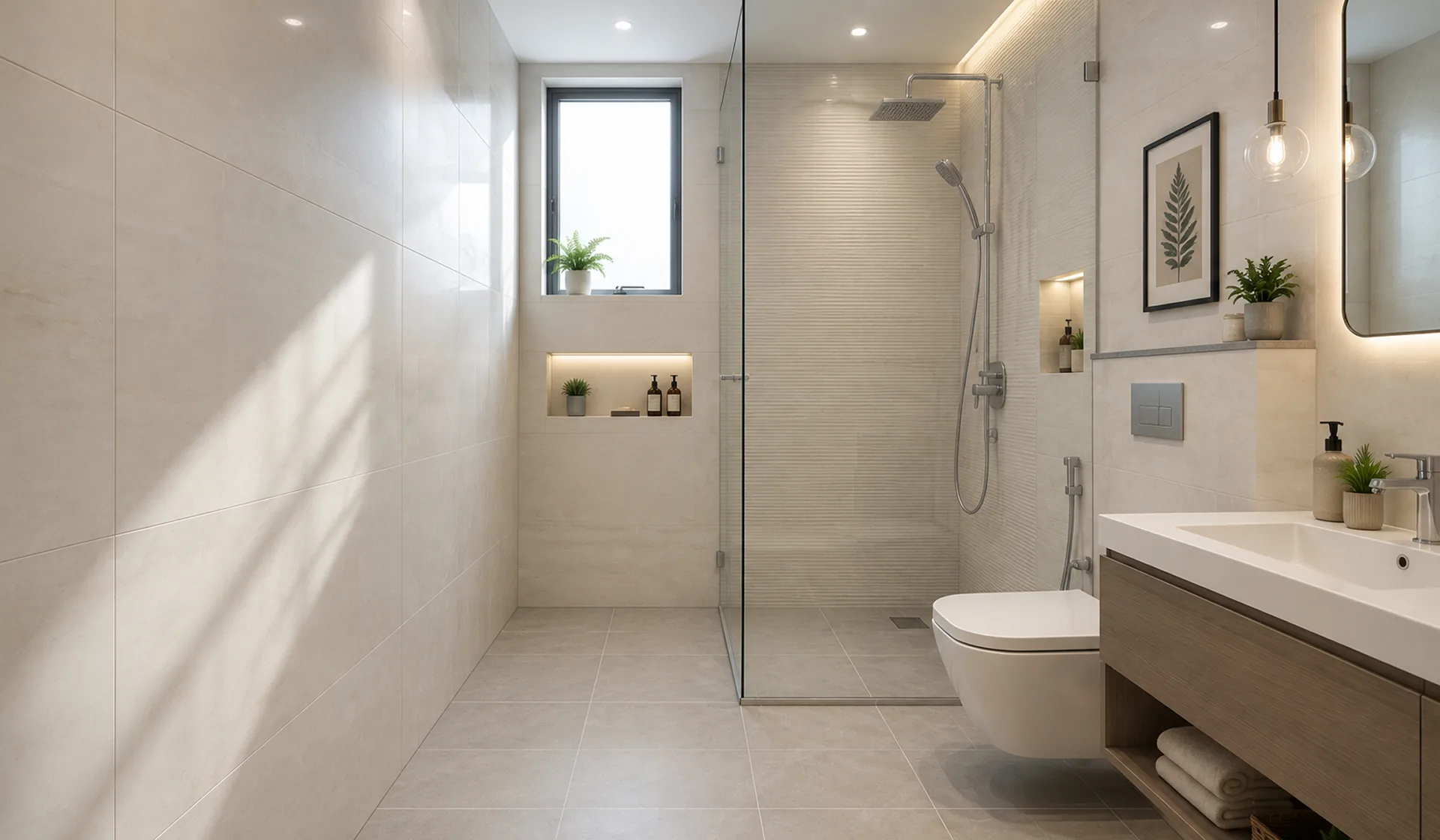 small bathroom tiles design with large format light tiles, My Home Studio Bengaluru