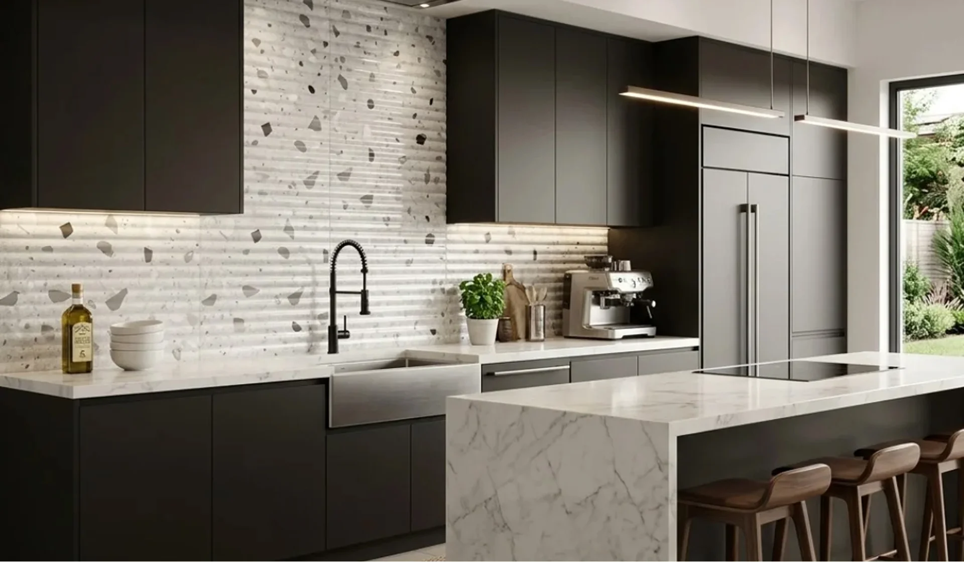 Modern kitchen with black cabinets, terrazzo backsplash tiles, marble island, and neutral floor tiles.